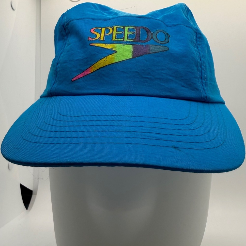 Speedo Blue Nylon Bucket Hat Rainbow Logo Adjustable Strap One Size Retro Sporty